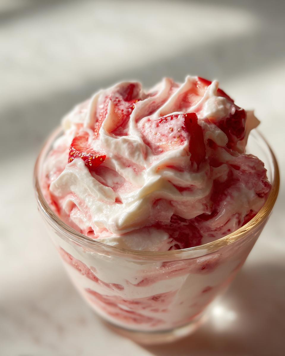 Close-up of a glass of Strawberry Fool, a creamy dessert with whipped cream and fresh strawberries.