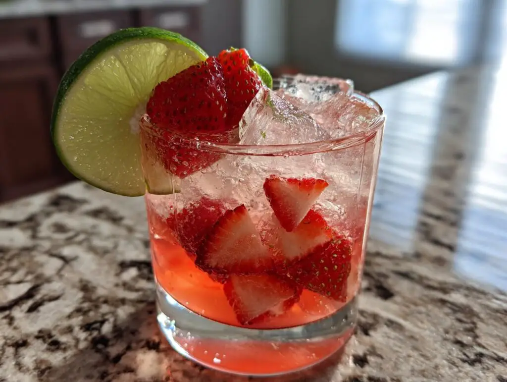 Close-up of a Strawberry Lime Vodka Smash cocktail with fresh strawberries and lime.