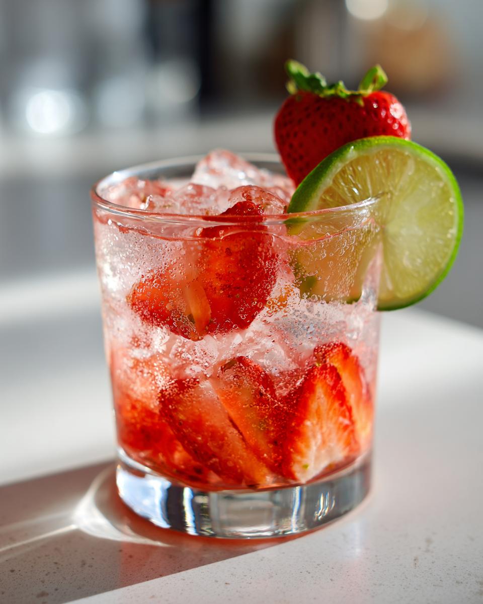 Amazing Strawberry Lime Vodka Smash: 5 Minutes 3 Close-up of a Strawberry Lime Vodka Smash cocktail with fresh strawberries and lime.