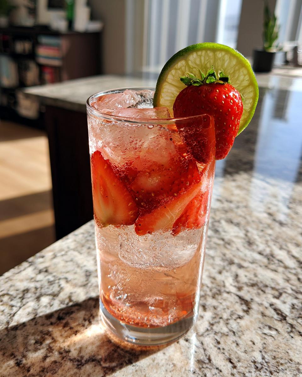 Amazing Strawberry Lime Vodka Smash: 5 Minutes 2 A tall glass of Strawberry Lime Vodka Smash cocktail with fresh strawberries and lime.