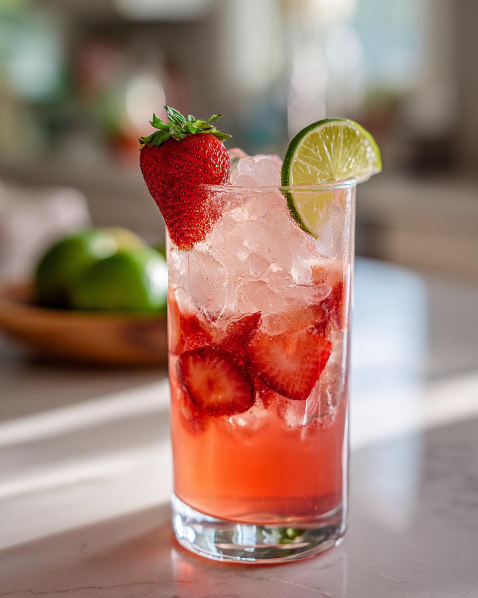 Amazing Strawberry Lime Vodka Smash: 5 Minutes 4 A vibrant Strawberry Lime Vodka Smash cocktail with fresh strawberries, lime, and ice.