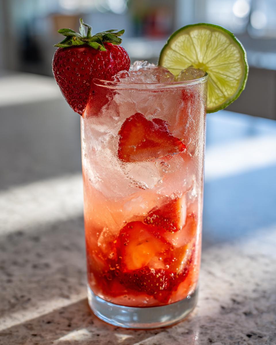 Amazing Strawberry Lime Vodka Smash: 5 Minutes 5 A tall glass of Strawberry Lime Vodka Smash cocktail with fresh strawberries and lime.