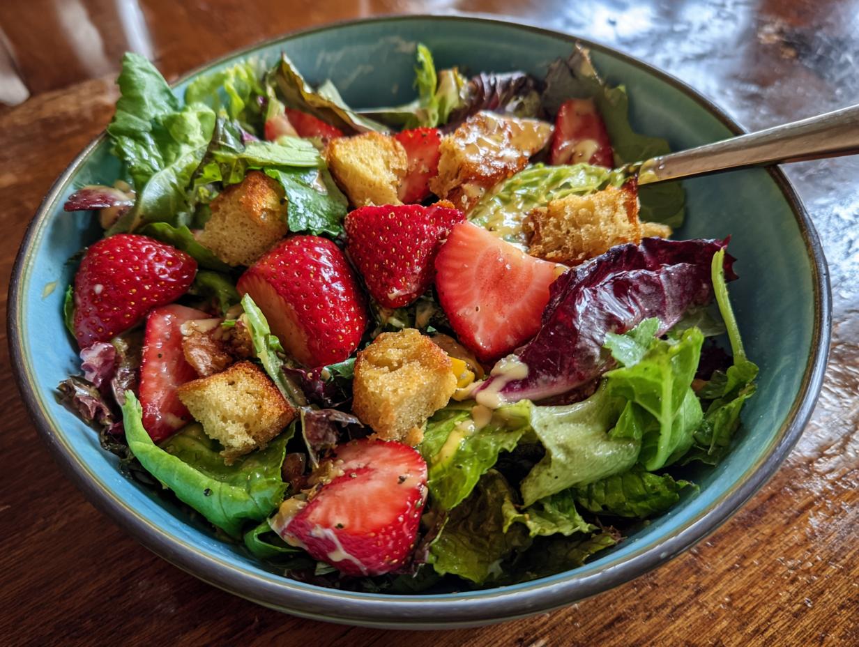 A fresh strawberry salad with croutons in a blue bowl, part of the 29 Epic Salad Recipes collection.