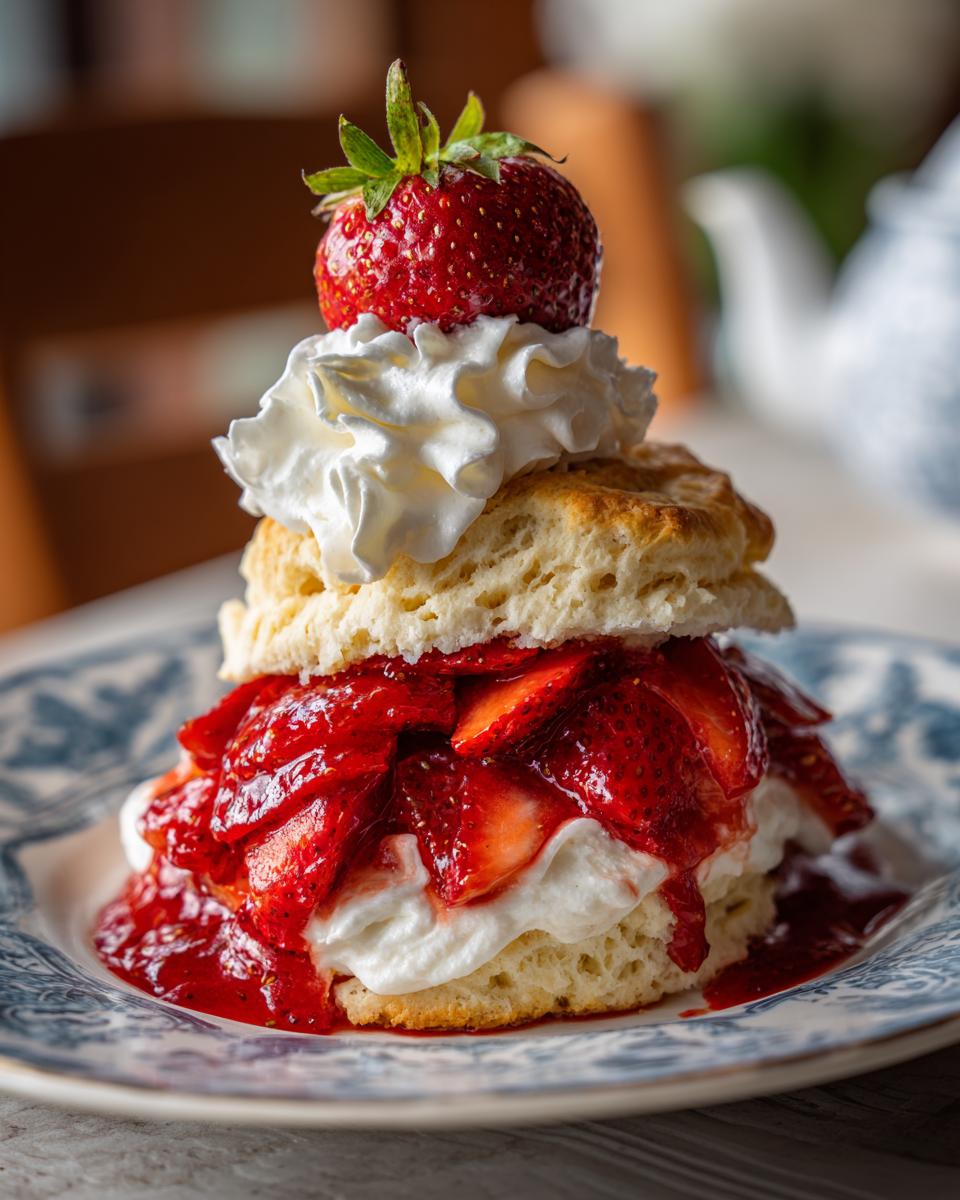 Delicious layered Strawberry Shortcake with fresh strawberries, whipped cream, and a biscuit.