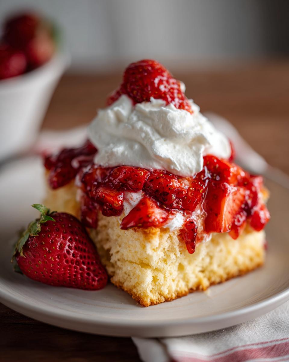 Close-up of a slice of fresh Strawberry Shortcake with whipped cream and strawberries.