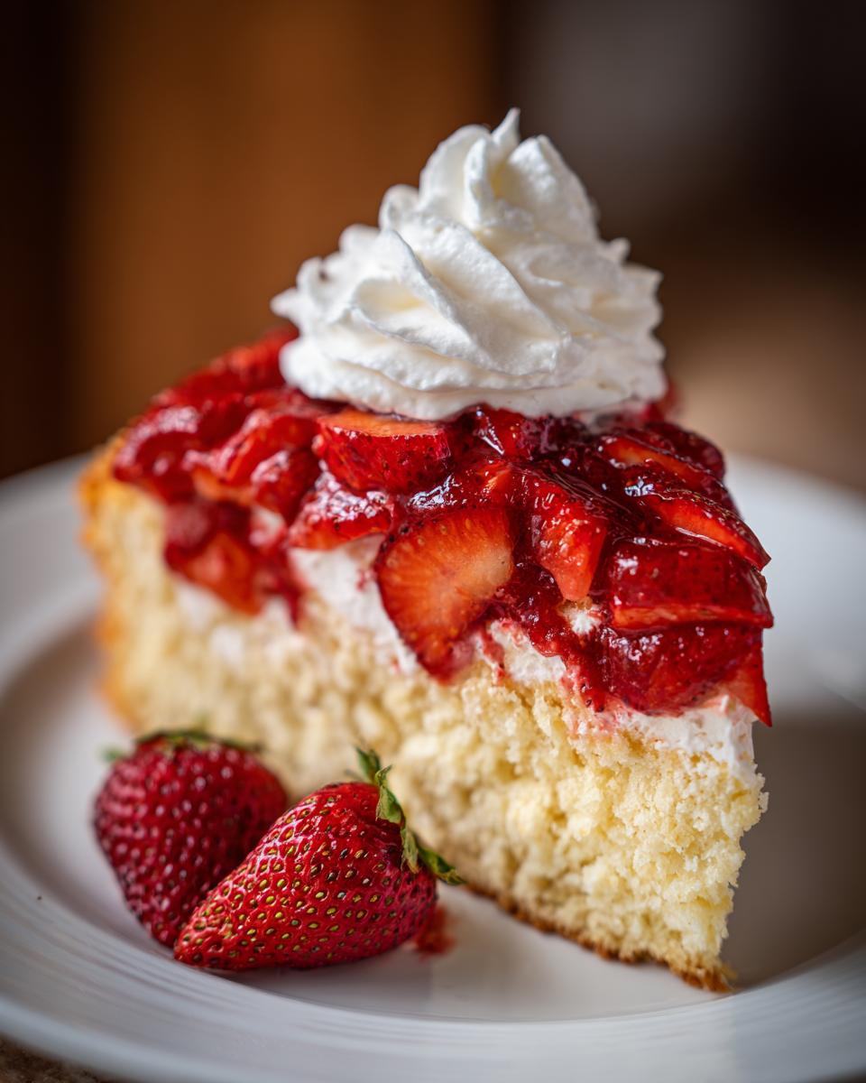 A slice of fresh Strawberry Shortcake topped with whipped cream and strawberries, served on a white plate.