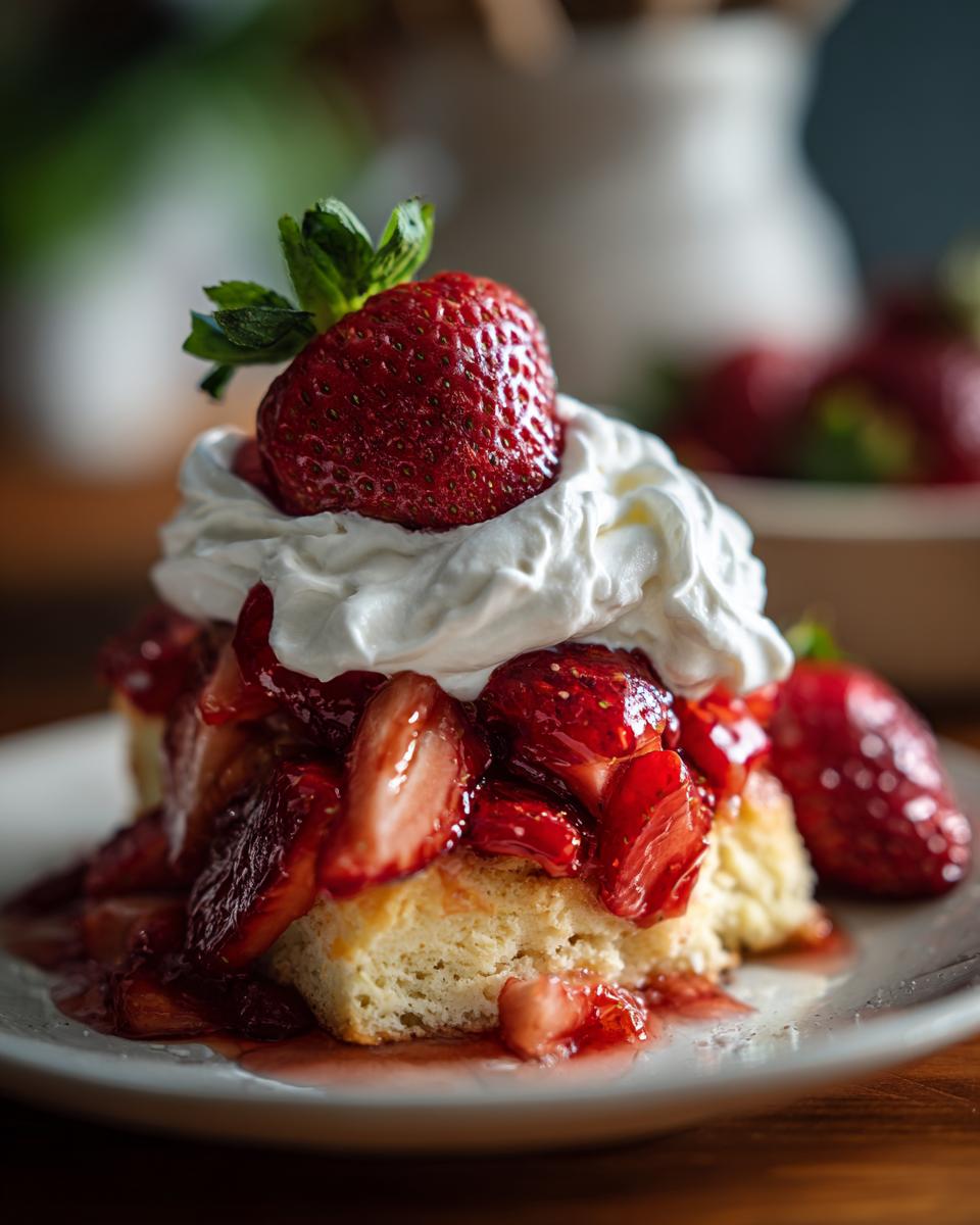 Close-up of a slice of Strawberry Shortcake with fresh strawberries and whipped cream.