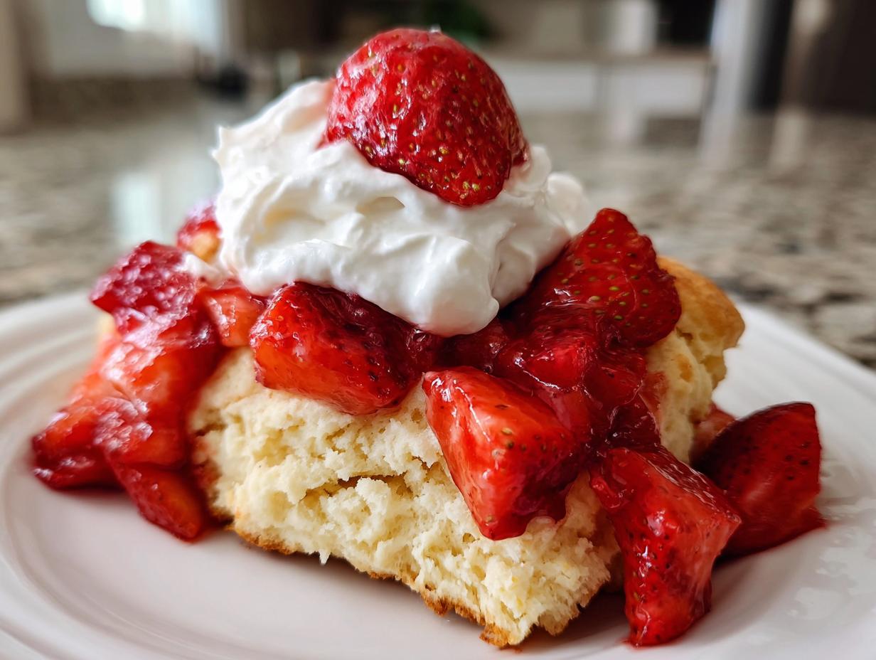 A slice of classic Strawberry Shortcake with fresh strawberries and whipped cream on a white plate.