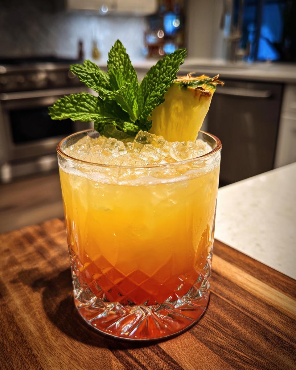 Amazing Summer Cocktails Anyone Can Mix 2 Close-up of a refreshing summer cocktail with pineapple and mint, perfect for Summer Cocktails That Anyone Can Mix Up at Home.