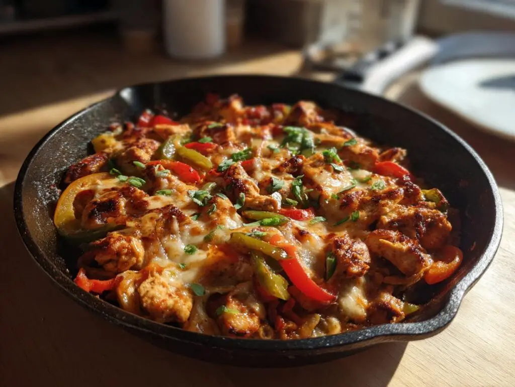 Chicken fajita skillet with peppers and cheese, perfect for Summer Dinners You Can Make in 30 Minutes or Less.