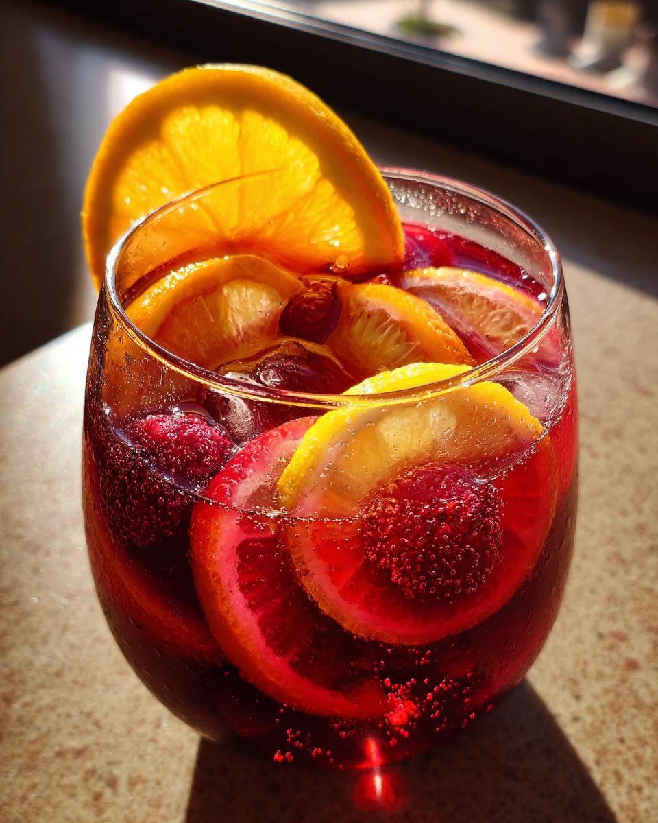 27 Best Summer Sangria Recipes: Delicious Sips 2 Close-up of a glass of summer sangria with fresh fruit, including oranges, lemons, and raspberries. The perfect summer sangria.