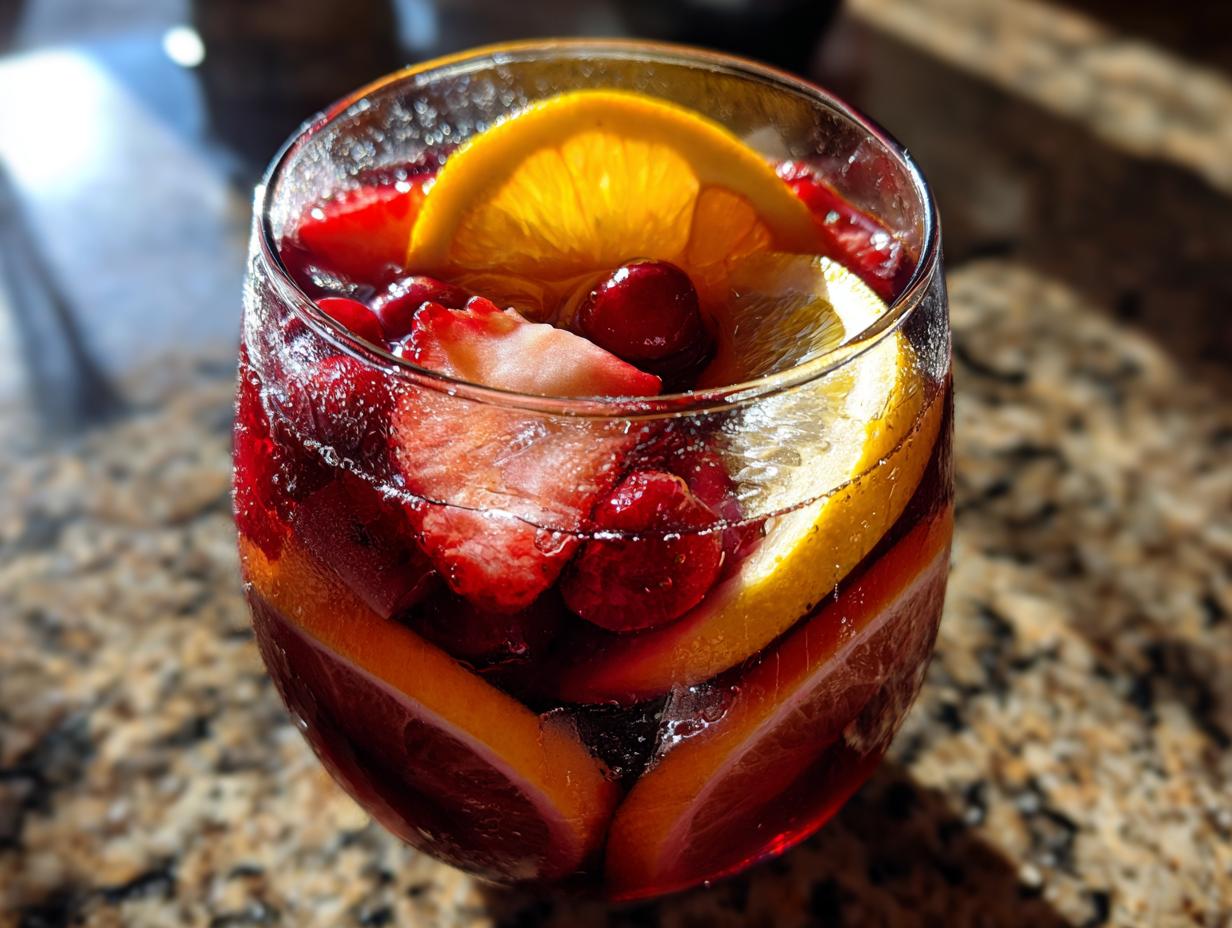 27 Best Summer Sangria Recipes: Delicious Sips 1 Close-up of a glass of refreshing summer sangria with orange slices, strawberries, and cherries.