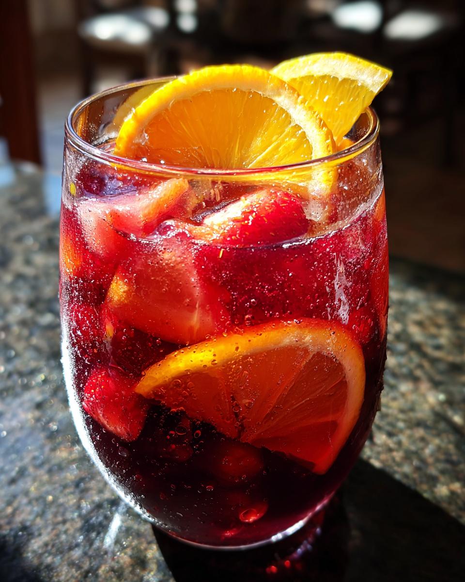 27 Best Summer Sangria Recipes: Delicious Sips 4 Close-up of a glass of summer sangria with orange slices and berries, perfect for refreshing sips.