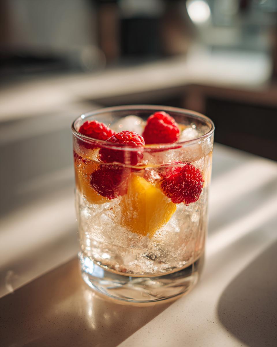 Close-up of a refreshing summer vodka cocktail with raspberries, lemon, and ice.