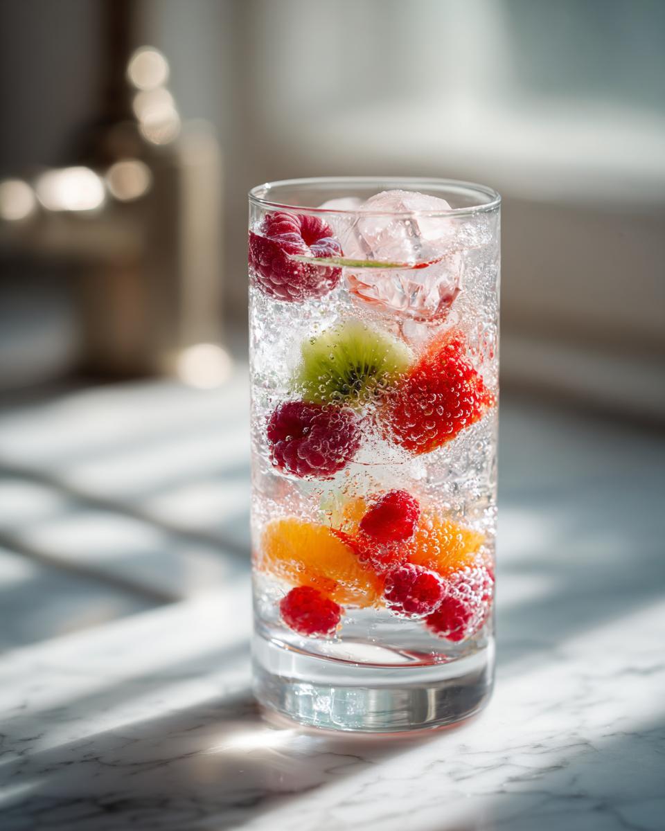 A tall glass filled with a refreshing summer vodka cocktail with raspberries, kiwi, oranges, and ice, perfect for summer.