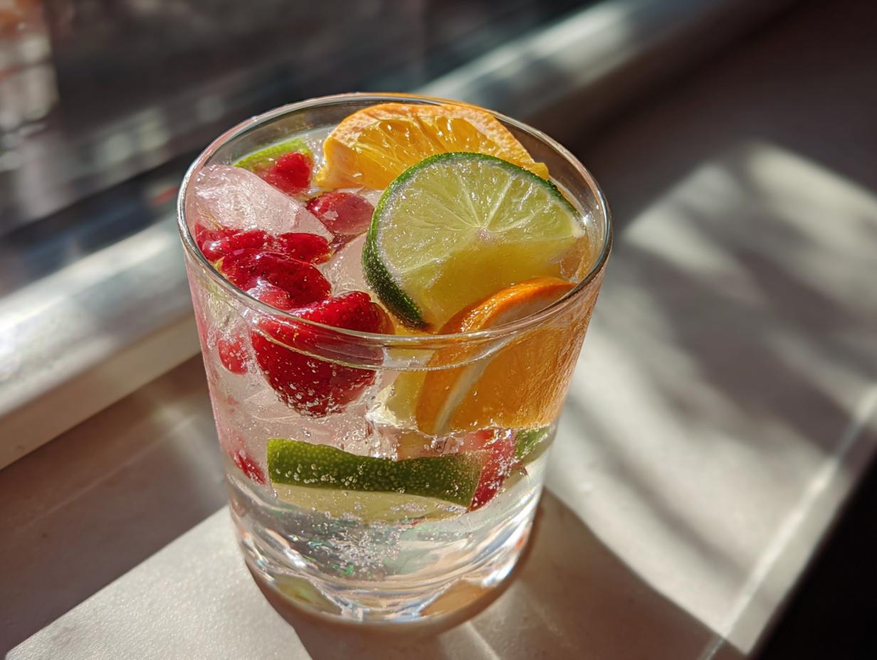 Close-up of a refreshing summer vodka cocktail with ice, strawberries, lime, and orange slices.
