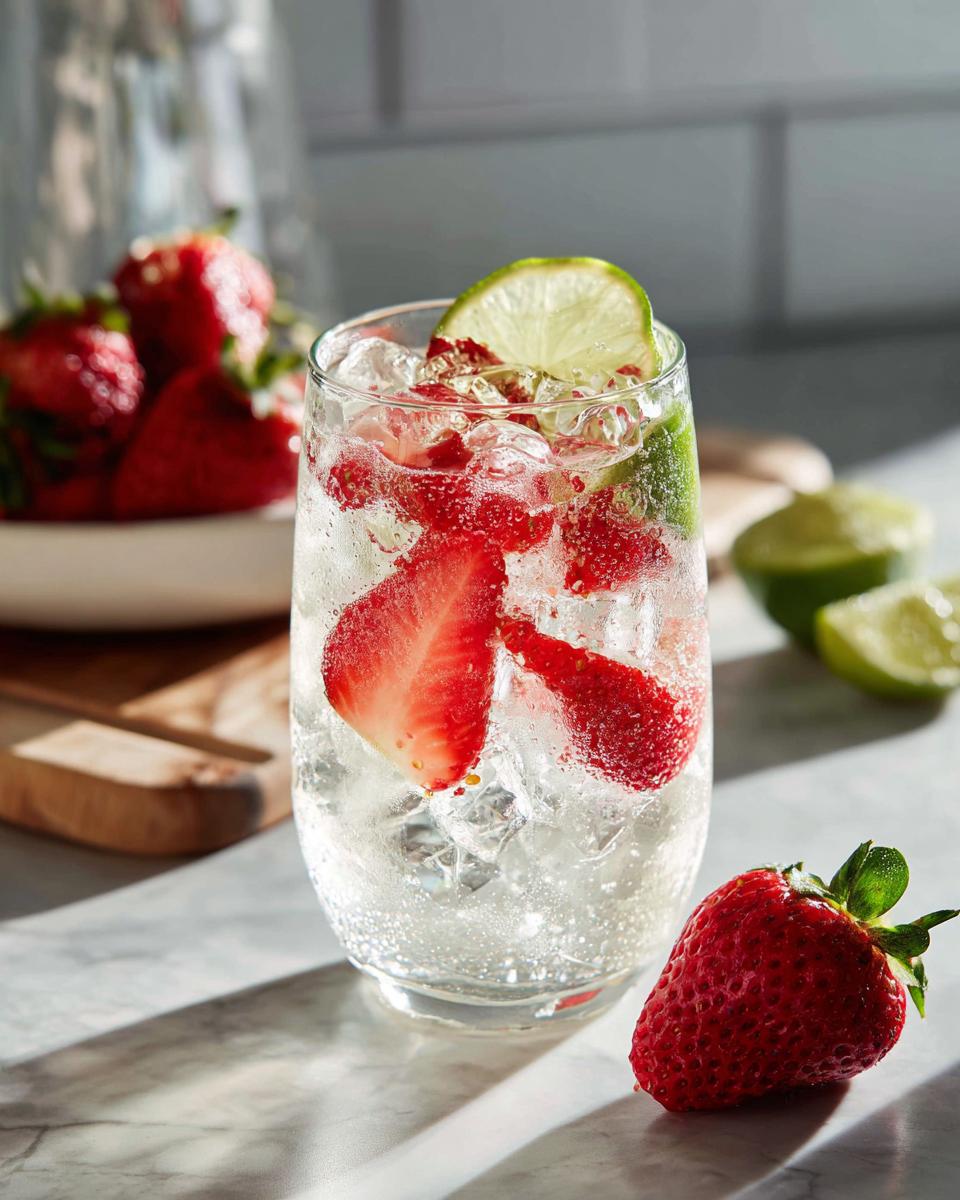 A chilled summer vodka cocktail with strawberries, lime, and ice. Perfect for summer.