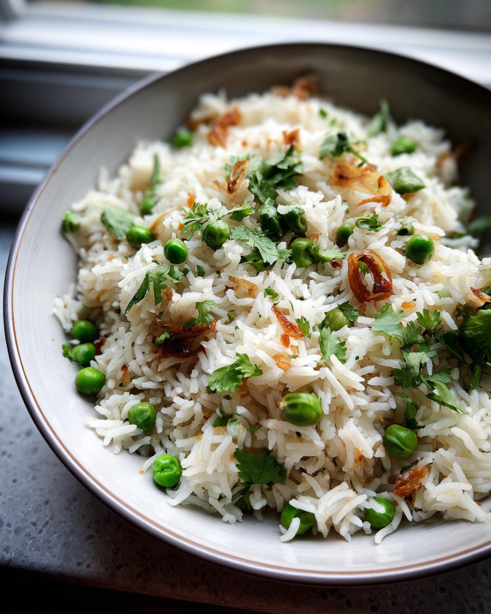 Close-up of a bowl of Sweet Pea & Shallot Pulao, garnished with cilantro and fried shallots.