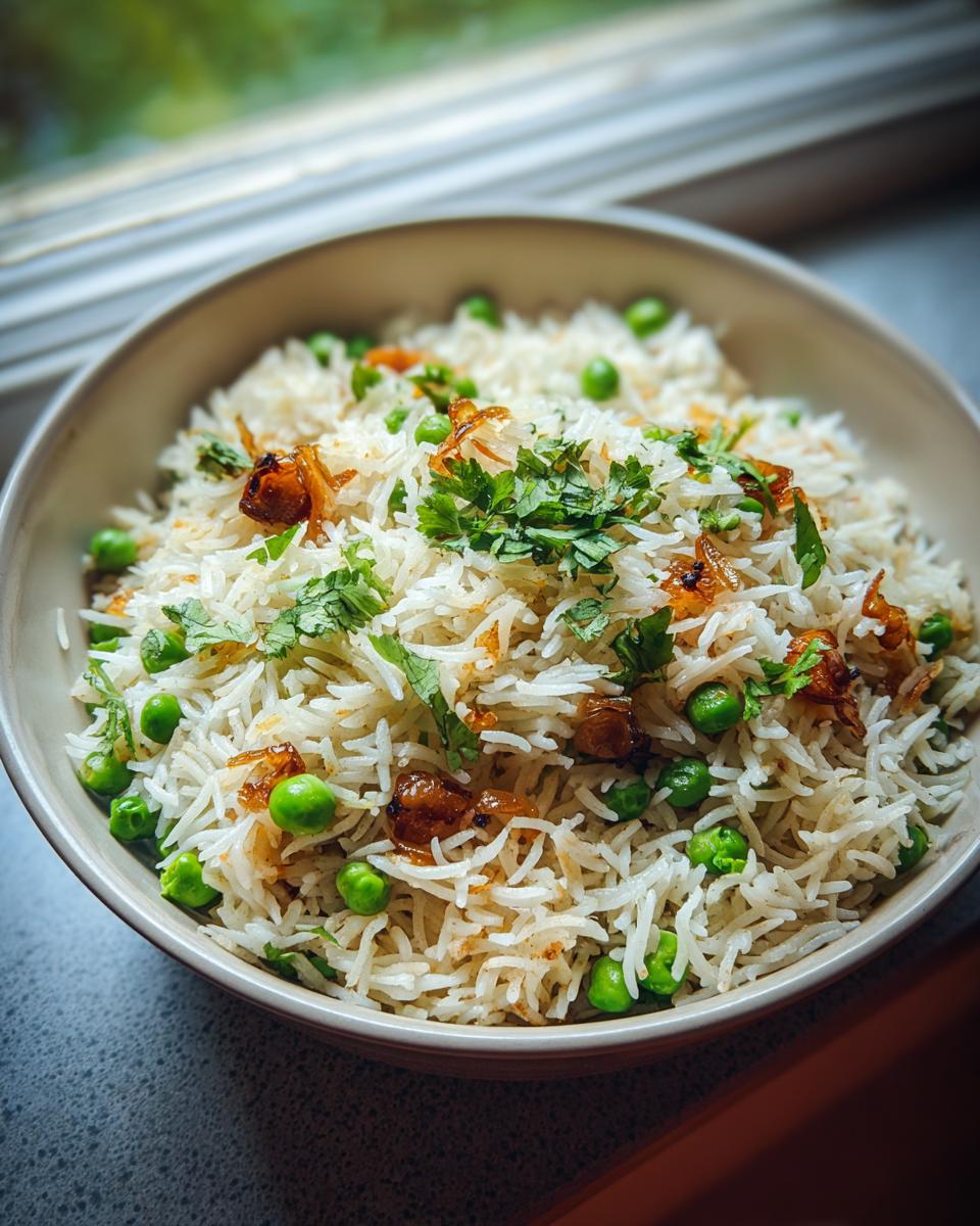 Close-up of Sweet Pea & Shallot Pulao in a bowl, garnished with herbs and fried shallots.