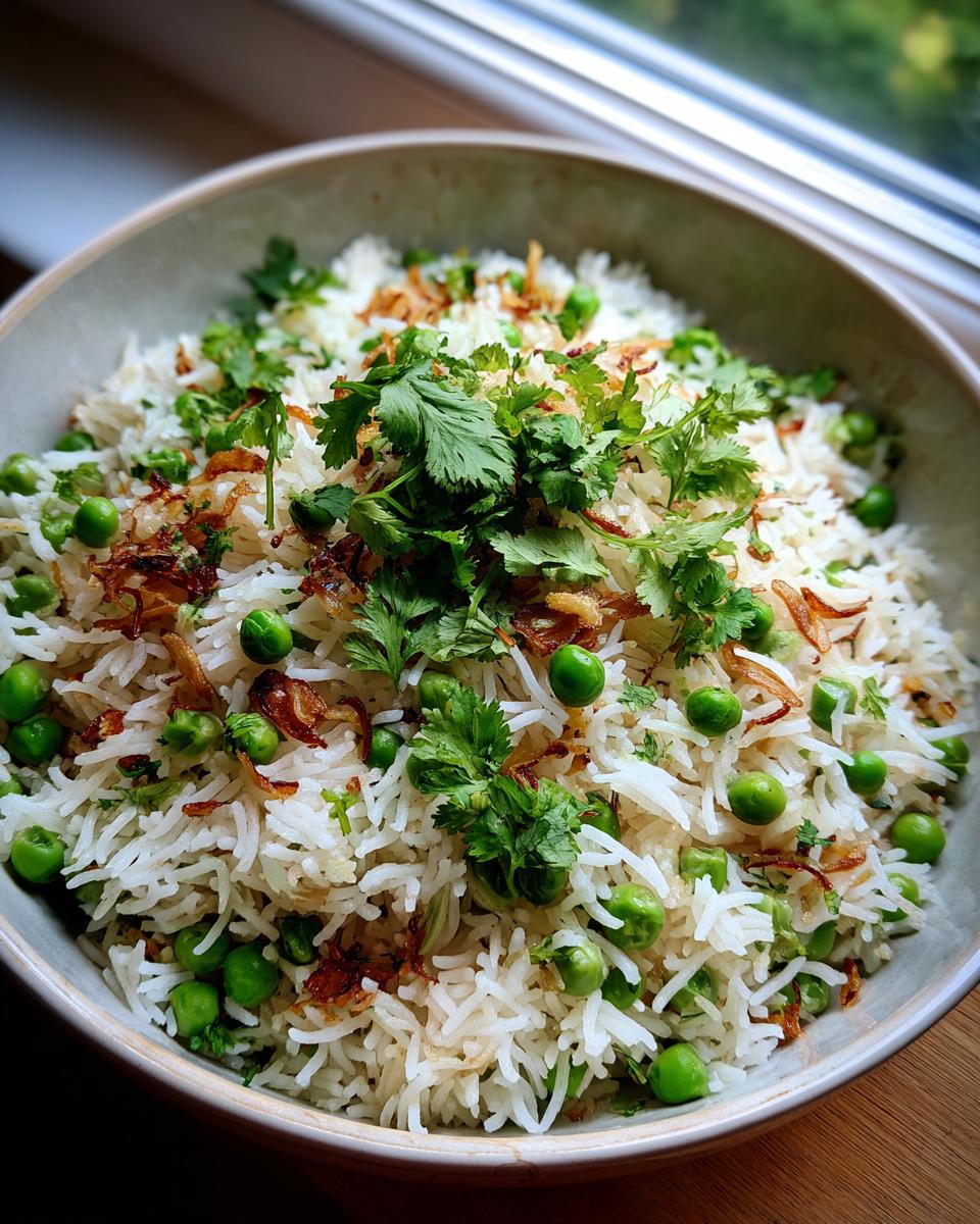Overhead shot of Sweet Pea & Shallot Pulao in a bowl, garnished with cilantro and crispy onions.