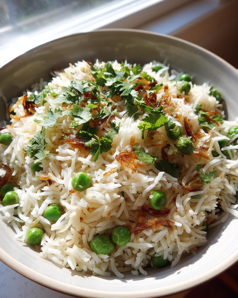 A bowl of delicious Sweet Pea & Shallot Pulao, garnished with fresh herbs and fried shallots.
