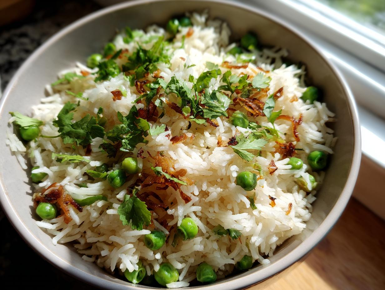 Close-up of Sweet Pea & Shallot Pulao in a bowl, garnished with cilantro and fried shallots.