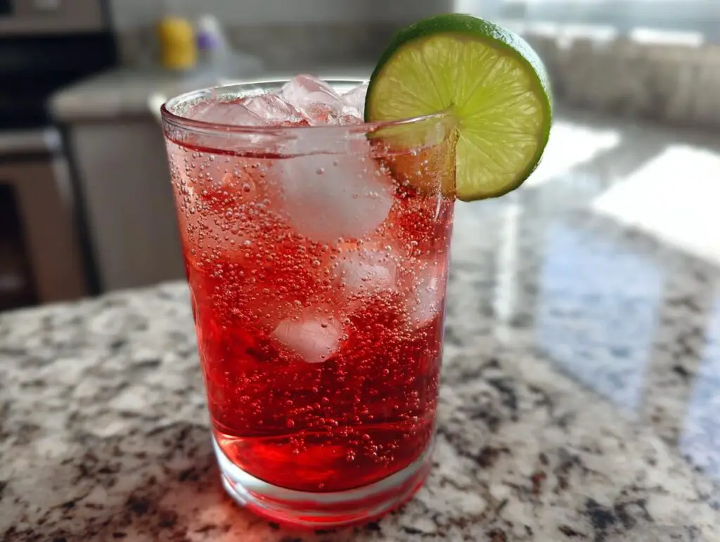 Close-up of The Driveway Drink, a refreshing red cocktail with ice and a lime wedge.