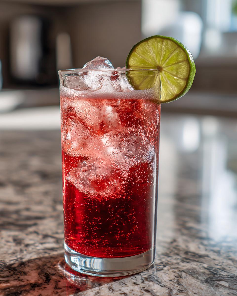 The Driveway Drink: Easy 1 Minute Refreshing Recipe 4 A tall glass of The Driveway Drink, a refreshing red beverage with ice and a lime slice.