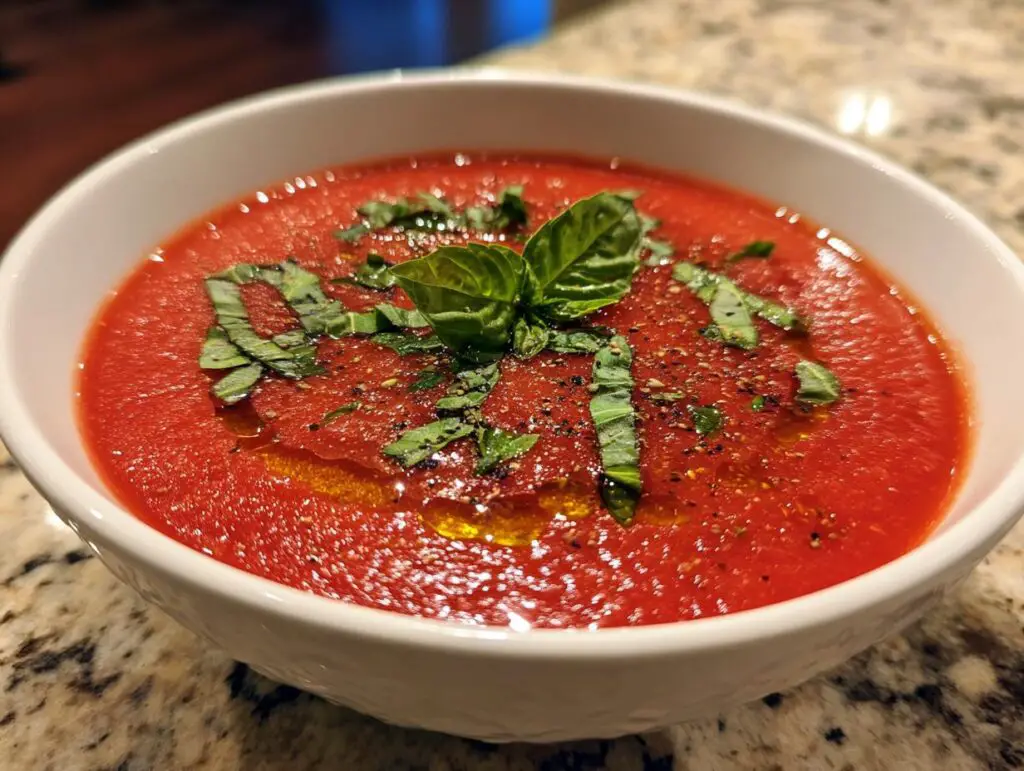 Close-up of a bowl of Tomato Basil Gazpacho, garnished with fresh basil leaves and oil.