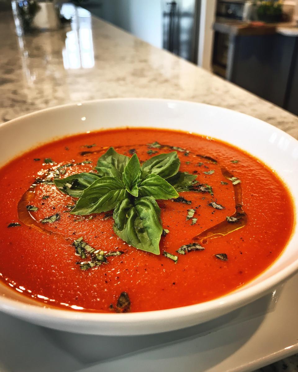 Close-up of a bowl of Tomato Basil Gazpacho garnished with fresh basil and olive oil.