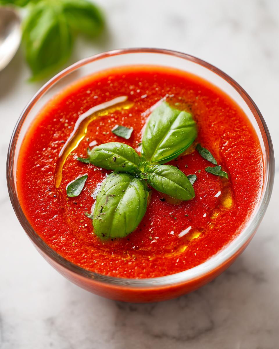 Close-up of a bowl of Tomato Basil Gazpacho, garnished with fresh basil leaves and olive oil.