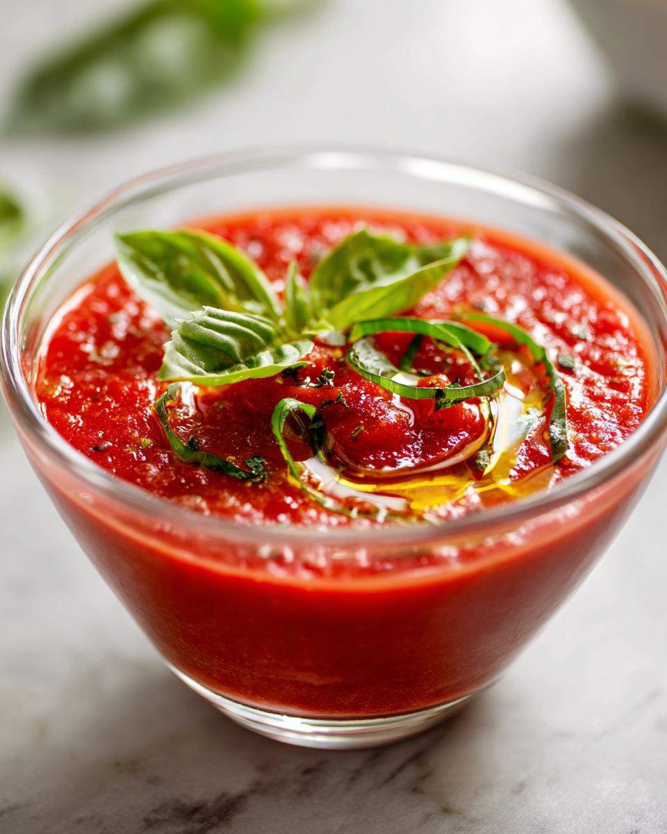 Close-up of a bowl of Tomato Basil Gazpacho, garnished with fresh basil leaves and olive oil.