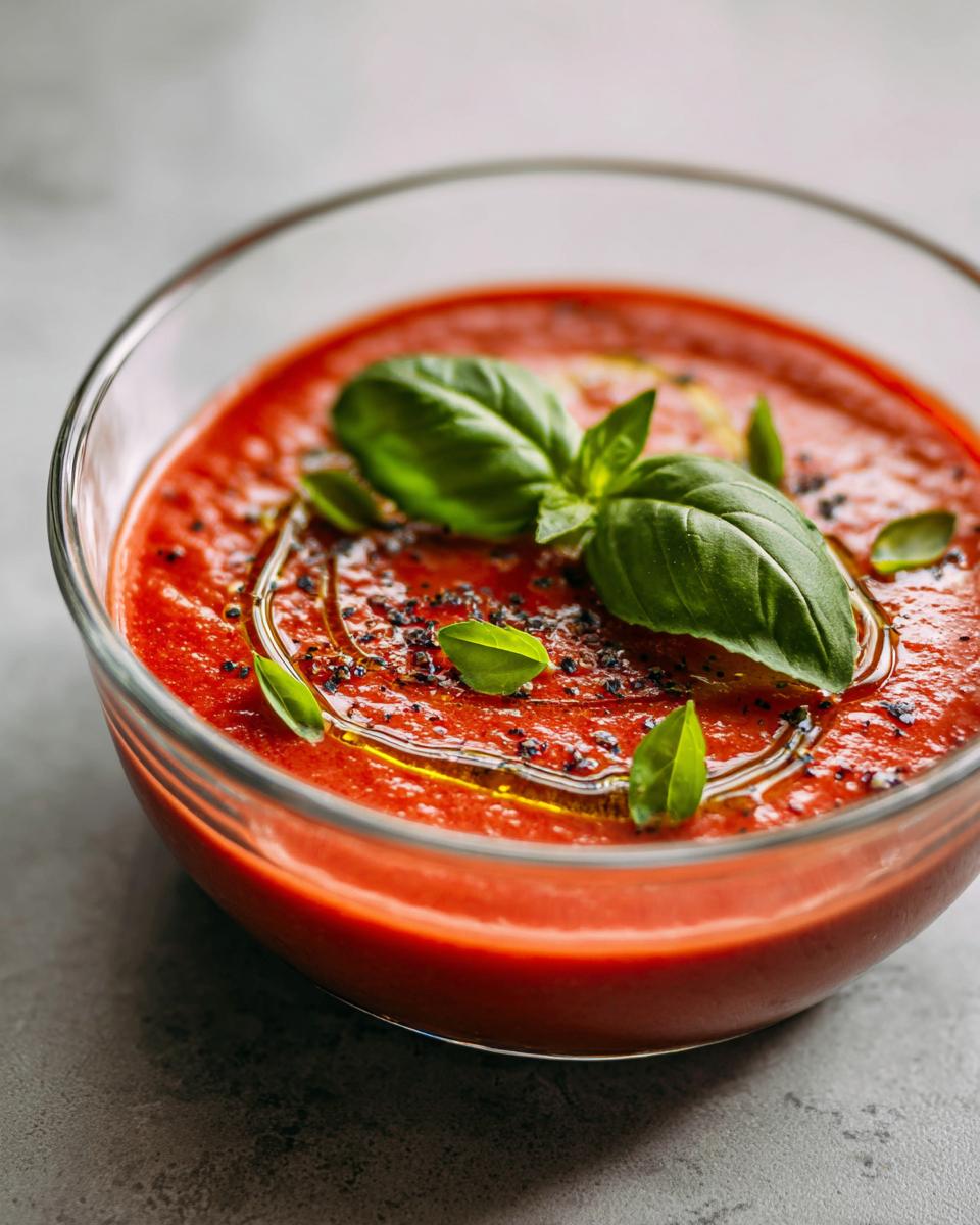 Close-up of Tomato Basil Gazpacho in a glass bowl, garnished with fresh basil leaves and olive oil.