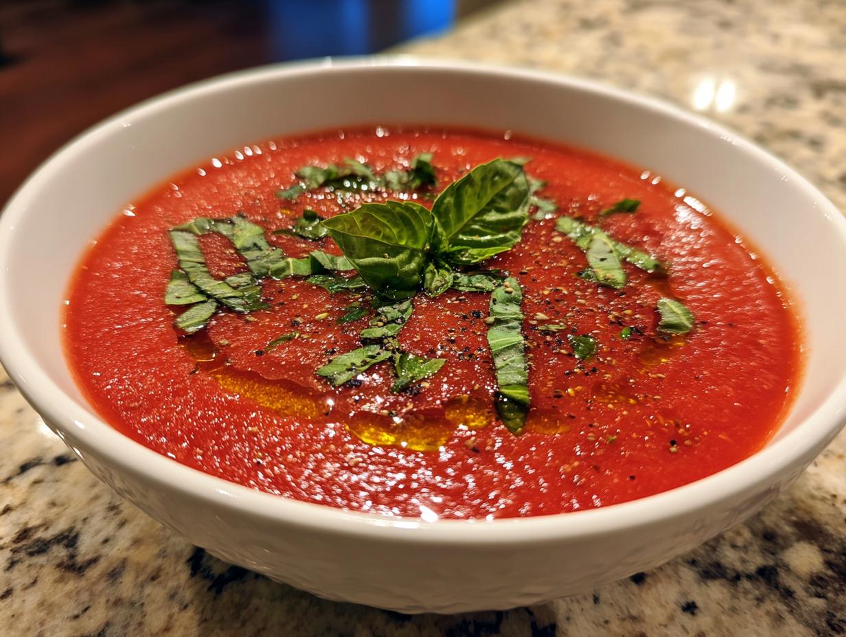 Close-up of a bowl of Tomato Basil Gazpacho, garnished with fresh basil leaves and oil.