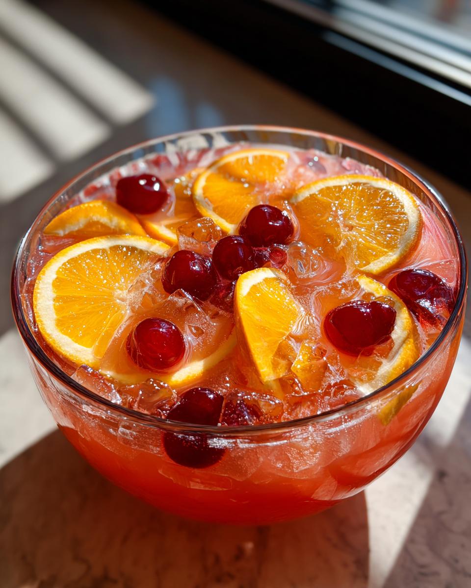 Close-up of a bowl of Vodka Party Punch with orange slices and cherries.