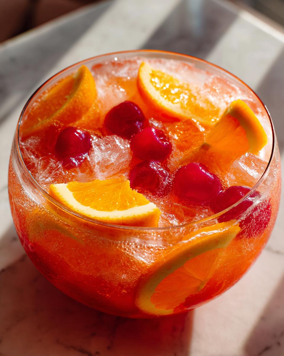 Close-up of a glass bowl filled with Vodka Party Punch, garnished with orange slices and cherries.