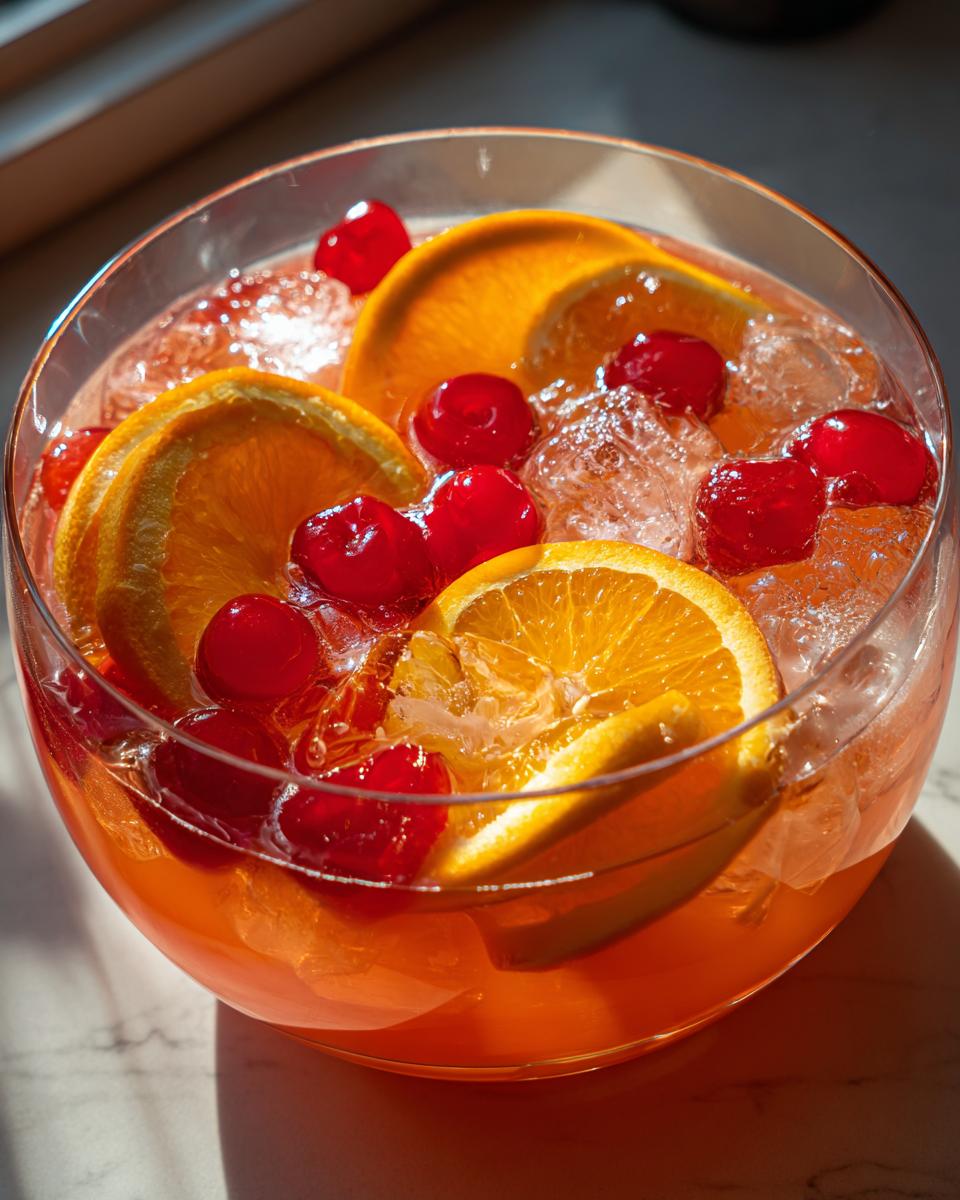 Close-up of a bowl filled with Vodka Party Punch, garnished with orange slices, cherries, and ice.