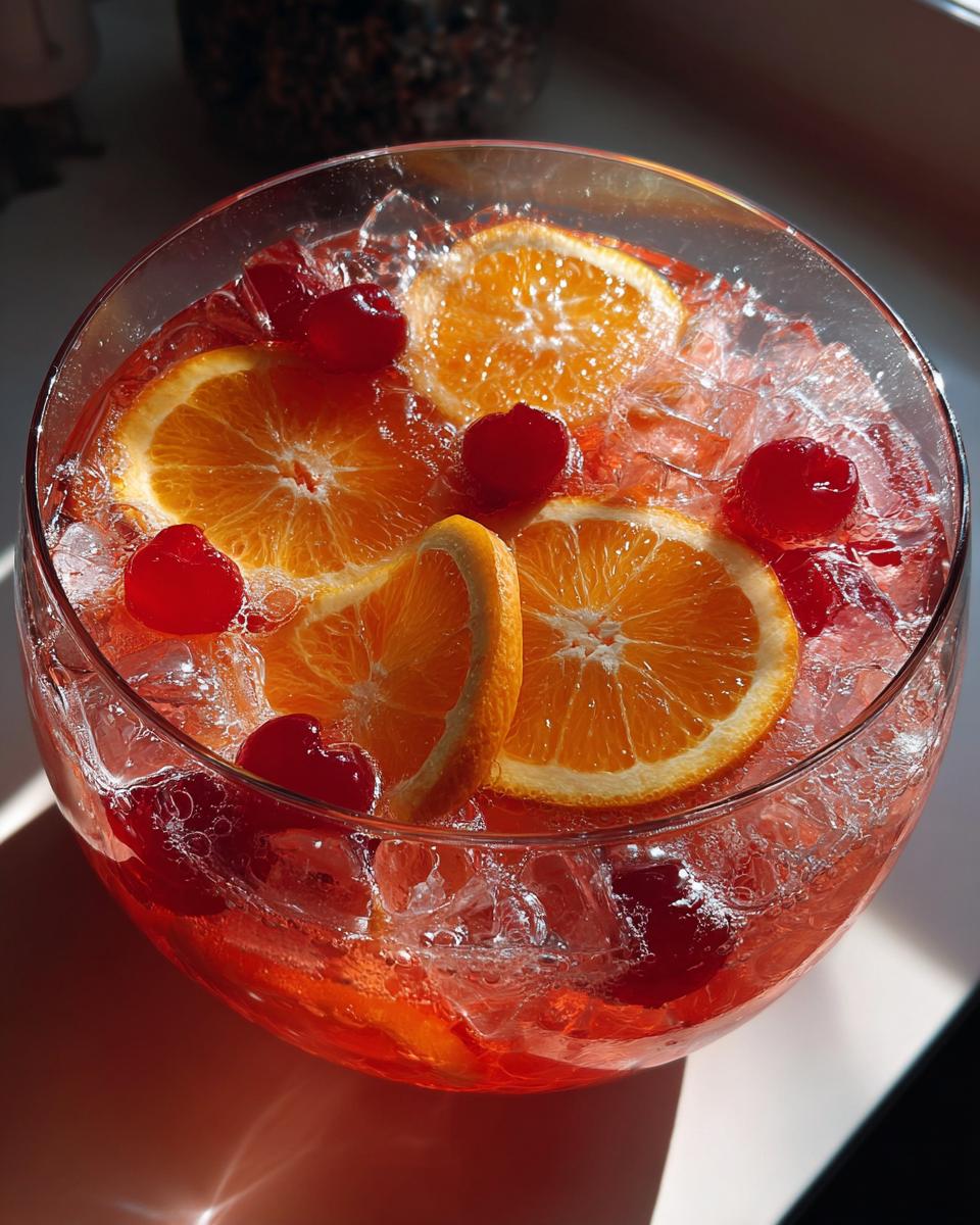 Close-up of a glass bowl filled with Vodka Party Punch, orange slices, cherries and ice.