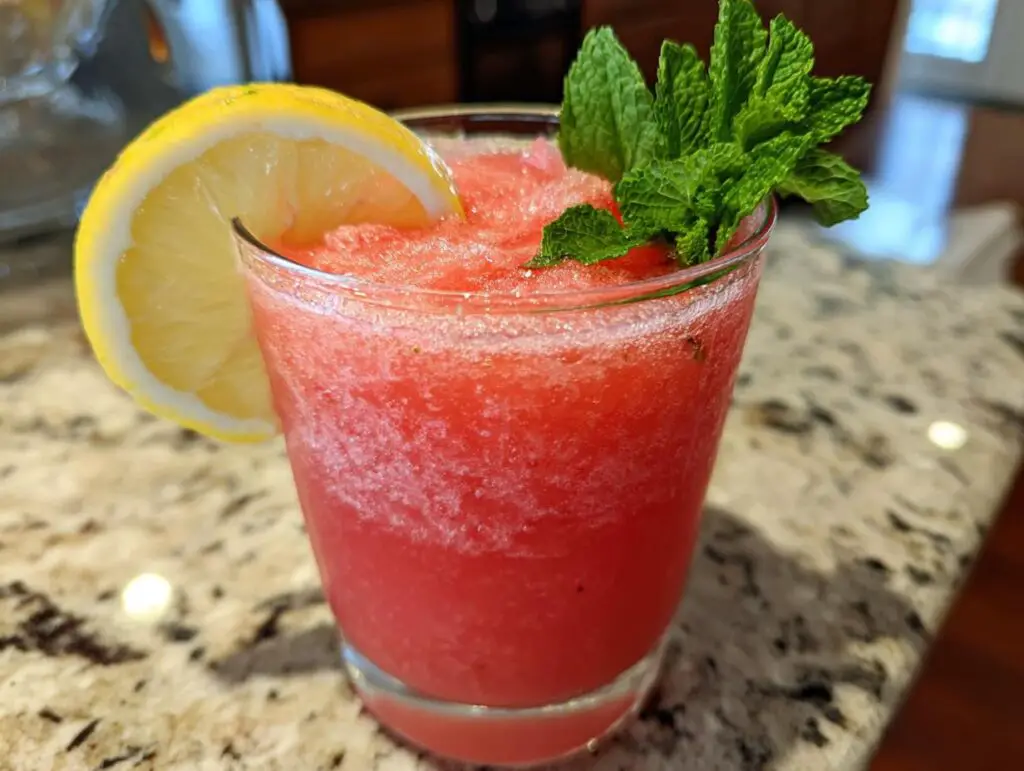 A glass of vibrant Vodka Strawberry Lemonade Slushy garnished with lemon and mint.