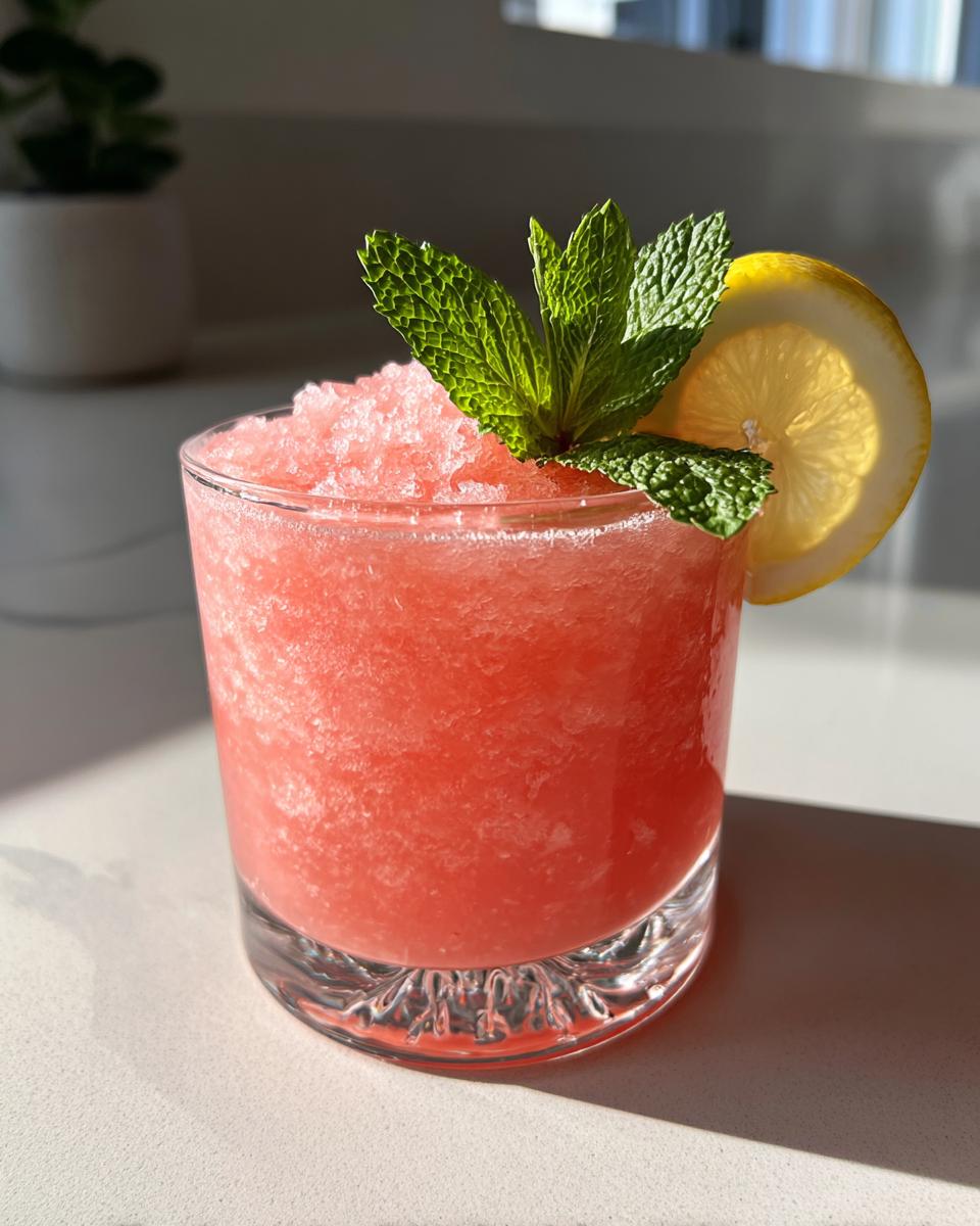 Amazing Vodka Strawberry Lemonade Slushy for 1 Party 3 A vibrant Vodka Strawberry Lemonade Slushy garnished with mint and lemon slice, perfect for summer parties.