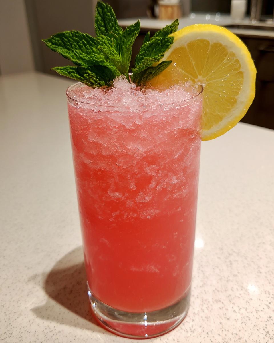 Amazing Vodka Strawberry Lemonade Slushy for 1 Party 4 A tall glass of a Vodka Strawberry Lemonade Slushy garnished with mint and a lemon slice.