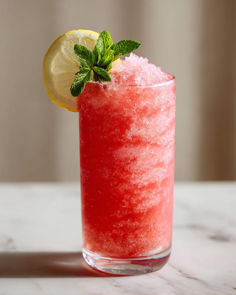 Amazing Vodka Strawberry Lemonade Slushy for 1 Party 5 A tall glass of a Vodka Strawberry Lemonade Slushy garnished with lemon and mint.