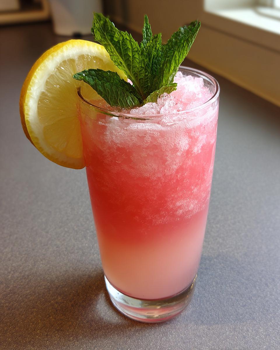 Amazing Vodka Strawberry Lemonade Slushy for 1 Party 2 A vibrant Vodka Strawberry Lemonade Slushy garnished with mint and lemon for a summer party.