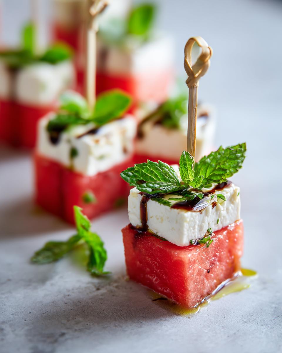 Close-up of Watermelon Feta Skewers with mint garnish and balsamic glaze.