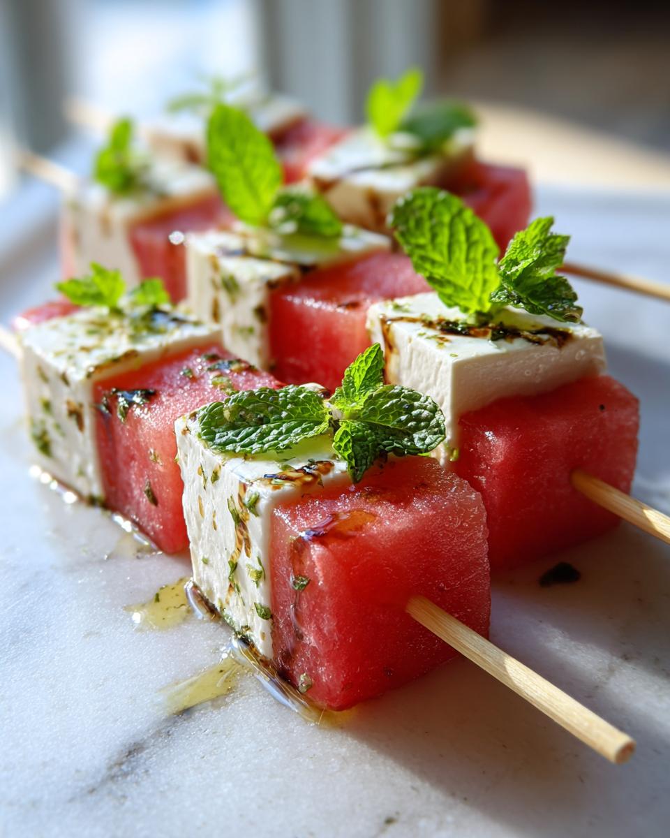 Close-up of Watermelon Feta Skewers with fresh mint and balsamic glaze.
