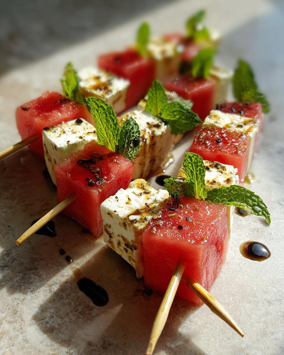 Close-up of Watermelon Feta Skewers: cubes of watermelon and feta cheese on skewers, garnished with mint.