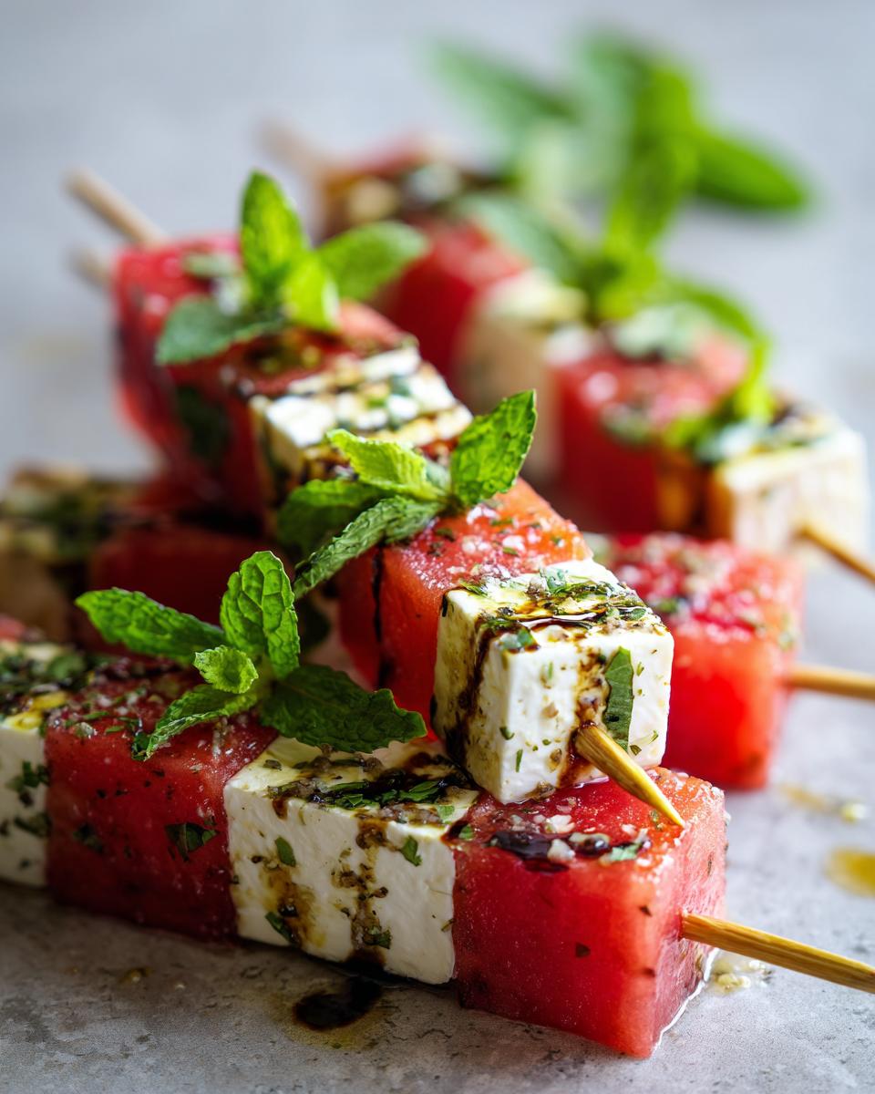 Close-up of Watermelon Feta Skewers with fresh mint and balsamic glaze.
