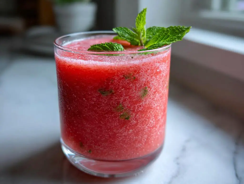 Glass of refreshing Watermelon Mint Agua Fresca, garnished with fresh mint leaves.