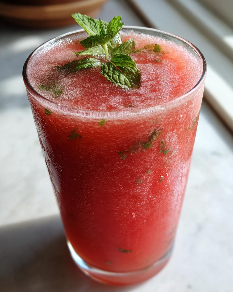 A tall glass of Watermelon Mint Agua Fresca, garnished with fresh mint leaves.
