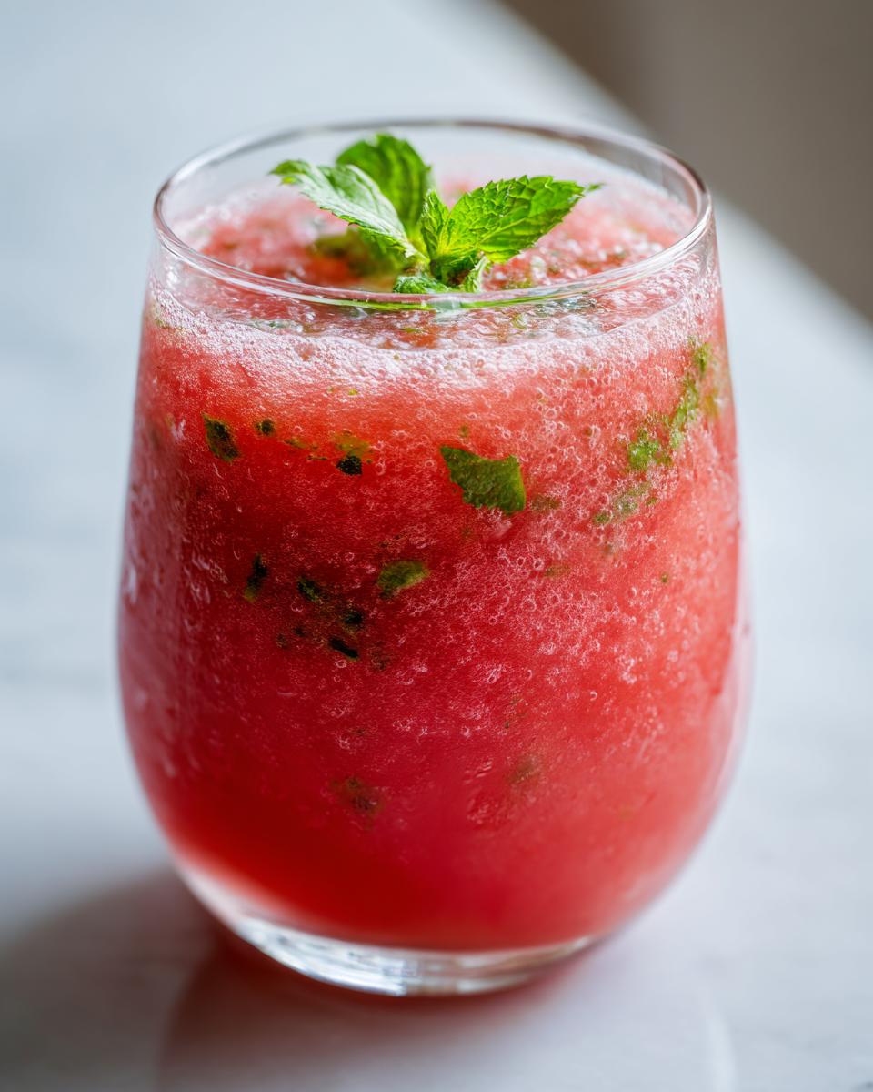 A tall glass of Watermelon Mint Agua Fresca, garnished with fresh mint leaves.